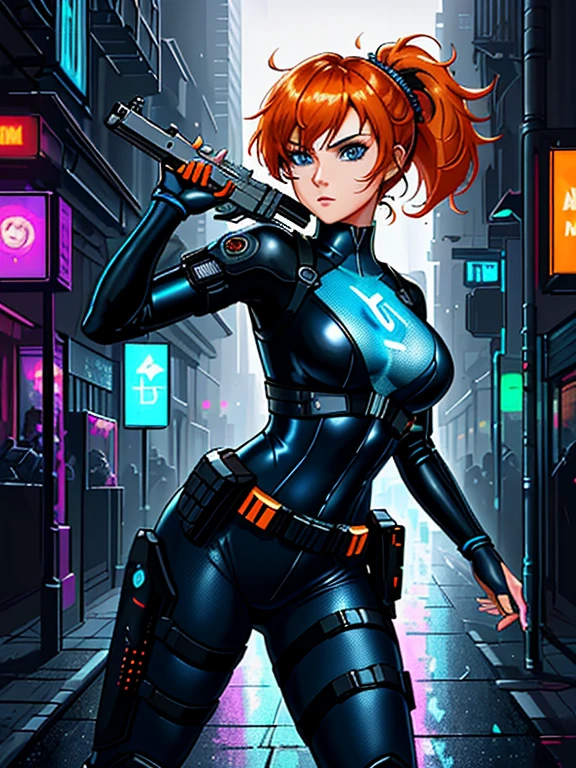1girl, Sexy Experienced Cyberpunk Agent, ((32year old, dressed in a tight blue futuristic bodysuit, utility belt, boots, medium breasts, short orange hair, pony tail styled hair, light skin, natural makeup, athletic body:1.3, detailed blue eyes:1.5, looking fiercely at the viewer:1.3, holding two pistols with both hands:1.2)) heroic pose, full-length, full body, fight scene, full-length, super face detail, (Background: Cyberpunk world,Cyberpunk city in the background, neon lights, and futuristic technology in the background, harsh high-tech atmosphere), Very detailed, 8k, dark tone, dark shadow, glow in the dark, game color correction, (HDR, UHD, best quality, masterpiece: 1.5), high detailed, digital painting, trending on artstation, HD quality
