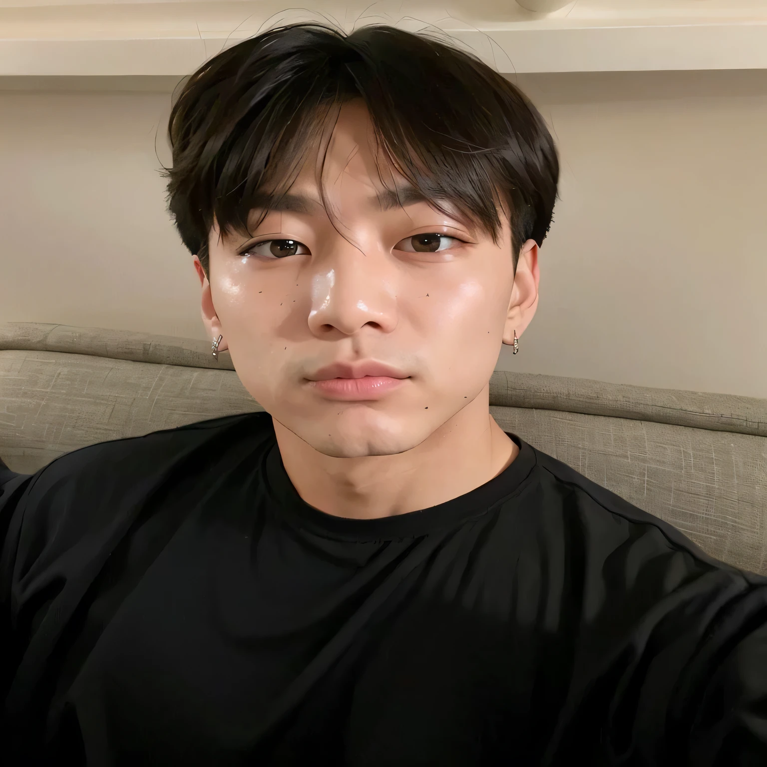 there is a man sitting on a sofa with a cell phone, Jimin\the right eyelid is swollen, hyung tae, taejune kim, Jungkook, Kim Doyoung, park Jimin, Jimin\the full lips, Hong junho hyung, Shin Jeongho, cai xukun, brilhante da chuva, hyung tae kim, Jimin\o nariz grego