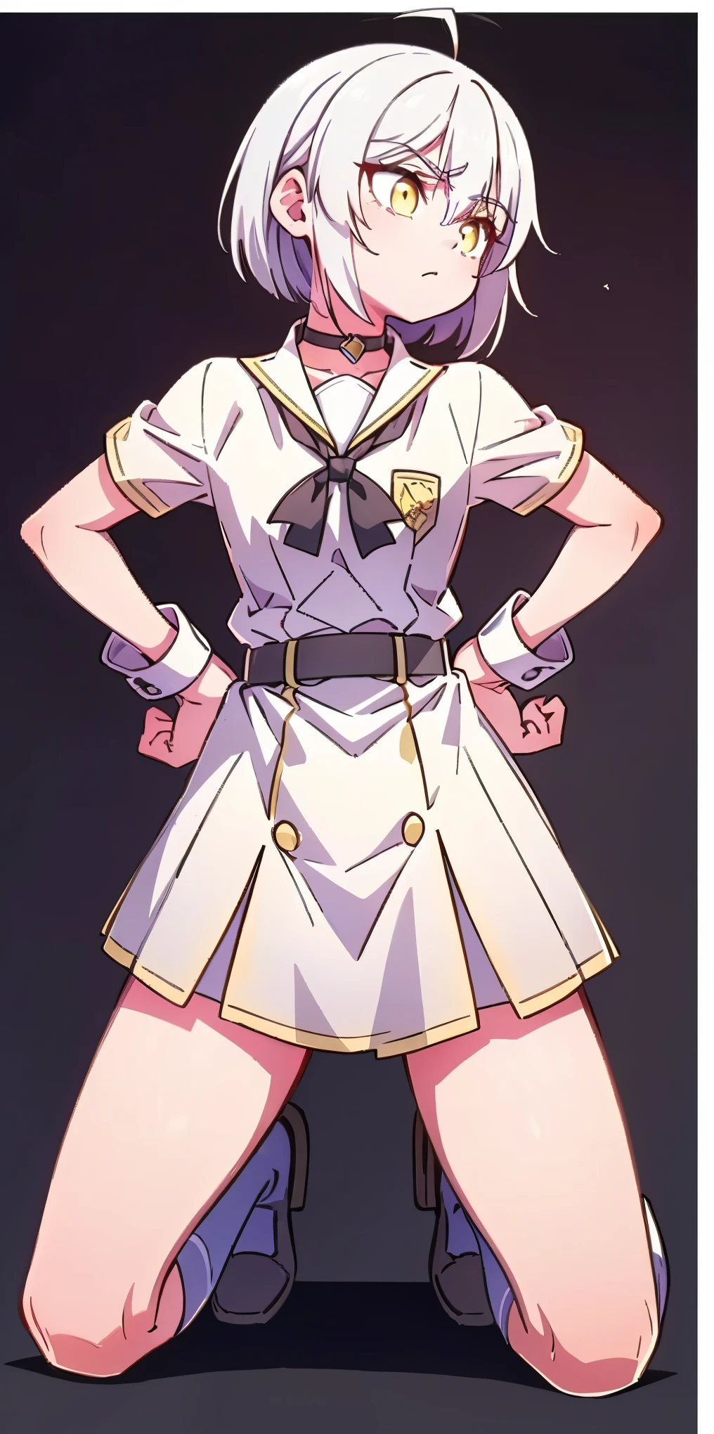 ((black background)) Ciel Lionheart kneel on WHITE sheet, short bob hair WHITE hair, YELLOW EYES, kindergarten_uniform,yellow hat,red school bag, leather choker collar slave , (hands on hips, clenching fist 👊 ✊️)