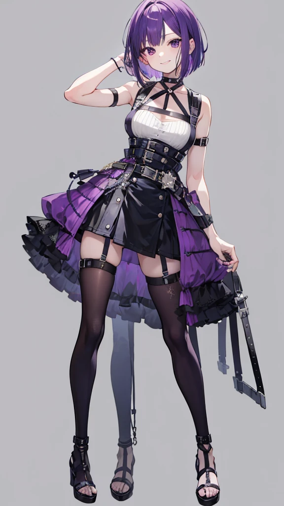 Girl with purple hair,medium bob hair,one piece,Harness,belt,ガーターbelt,Heel,simple background,smile,whole body,full body,standing position,Standing picture,VTuber,front,How to look at the viewer,視線をfrontに,