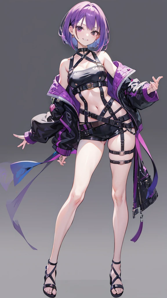 blacklight, akali, k/da akali, 1girl, baseball cap, belt, bracelet, breasts, choker, cleavage, crop top, eyeliner, full body, glowing, glowing eyes, graffiti, hat, hood, hooded jacket, jacket, jewelry, long hair, looking at viewer, makeup, (mask:1.5), midriff, navel, neon lights, official alternate costume, purple hair, shoes, sneakers, solo, thighhighs, ultraviolet light, yellow eyes,