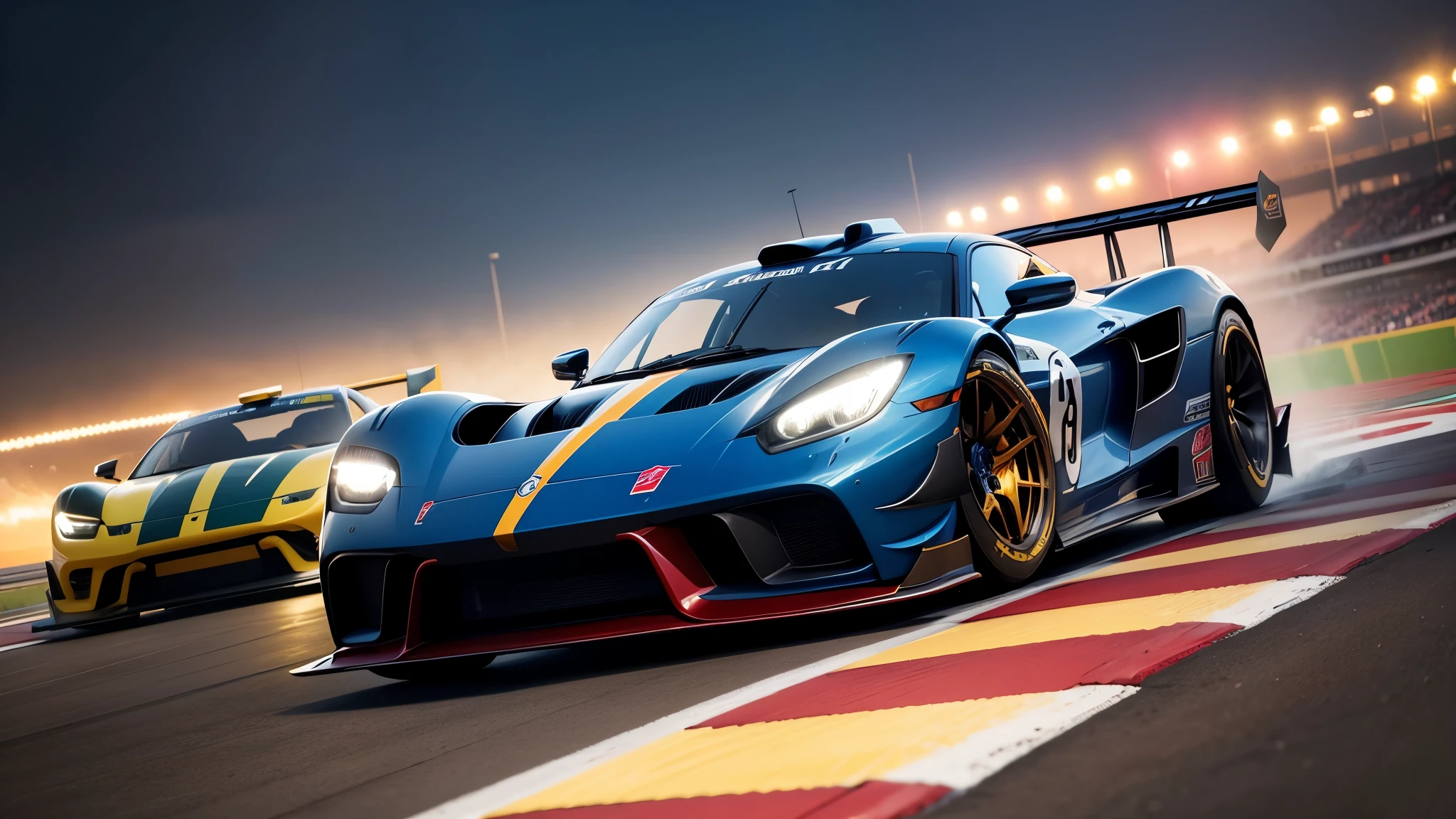 The image is a high definition landscape (Full HD) com uma pista de corrida estendendo-se ao fundo. The track is surrounded by safety barriers and bright lights along the route. No centro da imagem, there is a collection of custom cars, cada um com designs vibrantes e distintos, semelhantes ao estilo do jogo Need for Speed. The cars are of different models, ranging from sports cars to classic racing cars, all customized with airfoils, spoilers, adesivos e decalques. As cores das pinturas dos carros variam amplamente, including metallic tones, neons and flame patterns. Alguns carros podem ter efeitos de brilho ou cromados. The sky above the race track is painted in dark blue and purple tones., sugerindo uma atmosfera noturna emocionante. As luzes da cidade podem ser vistas ao longe, criando um ambiente de corrida urbana intensa.