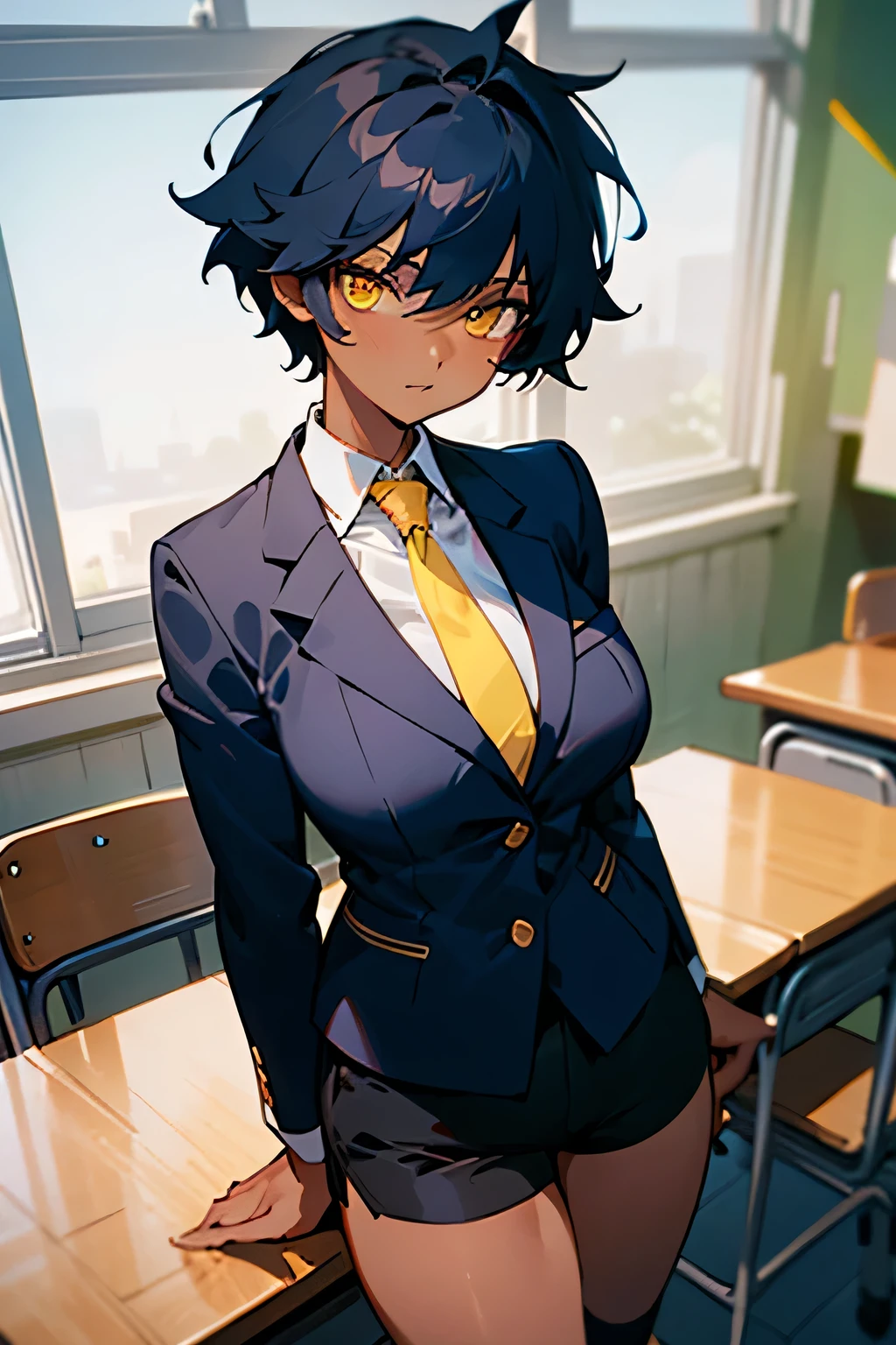 1 beautiful woman, dark skin, short dark blue hair, messy, yellow eyes, black school clothes, black blazer, black skirt, black shorts under the skirt, yellow tie, very large bust, wearing black short socks, inside the classroom, appearance tomboy, muscular body, high definition