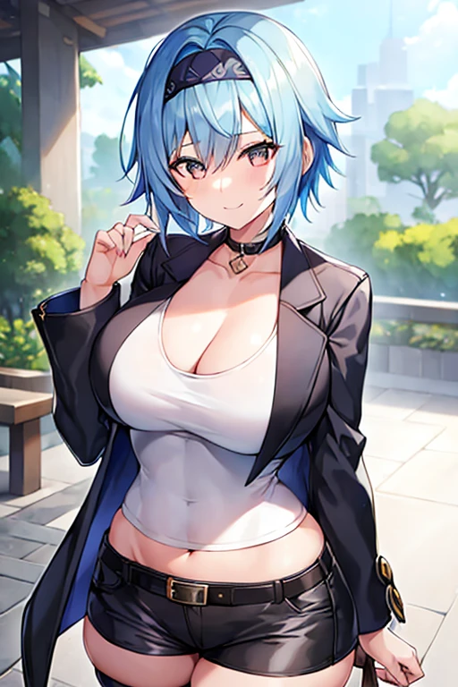 1girl, blue hair, very short hair, eula \(genshin impact\), black jacket, jacket, shirt, white shirt, black headband, headband, large breasts, breasts, thick thighs, wide hips, mature female, shorts, short pants, black pants, urban, smile, simple clothes, happy, light smile, tall, ((tall)), tall female, oversized shirt, long shirt, ((cropped jacket)), cropped jacket, belt, covered navel, tomboy