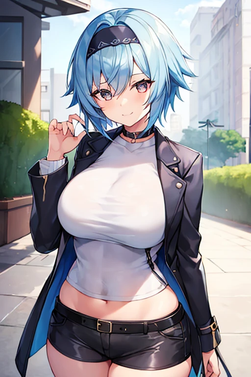 1girl, blue hair, very short hair, eula \(genshin impact\), black jacket, jacket, shirt, white shirt, black headband, headband, large breasts, breasts, thick thighs, wide hips, mature female, shorts, short pants, black pants, urban, smile, simple clothes, happy, light smile, tall, ((tall)), tall female, oversized shirt, long shirt, ((cropped jacket)), cropped jacket, belt, covered navel, tomboy