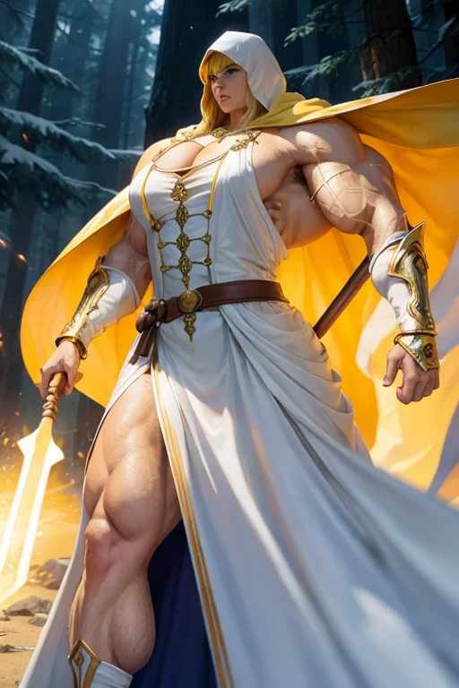 ((((Massive, tall, beautiful, buff, muscular brown skinned woman mage with yellow hair, ginormous bulky muscles, holding a yellow mage staff and wearing a beautiful hooded white enchanted robe with long long skirt)))), (close-up view), vascular, massive muscle, massive biceps, hyper muscle shoulders, hyper muscle triceps, (flowing long hair), gray eyes, (wearing a long extremely intricate robes, long magical robes), (white mage boots), smirk, white gauntlets, (in a yellow Mystical forest), evening, Vascular arms, hyper vascular arm, hyper muscles arms, hyper muscle legs, massive arms.