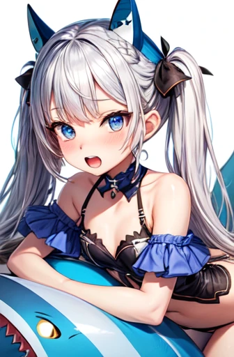 Garugura　shark　silver hair　Loli　blue eyes　jagged tooth girl　cute　half twin tail　Sex　small breasts　blue mesh　cross-eyed　double piece