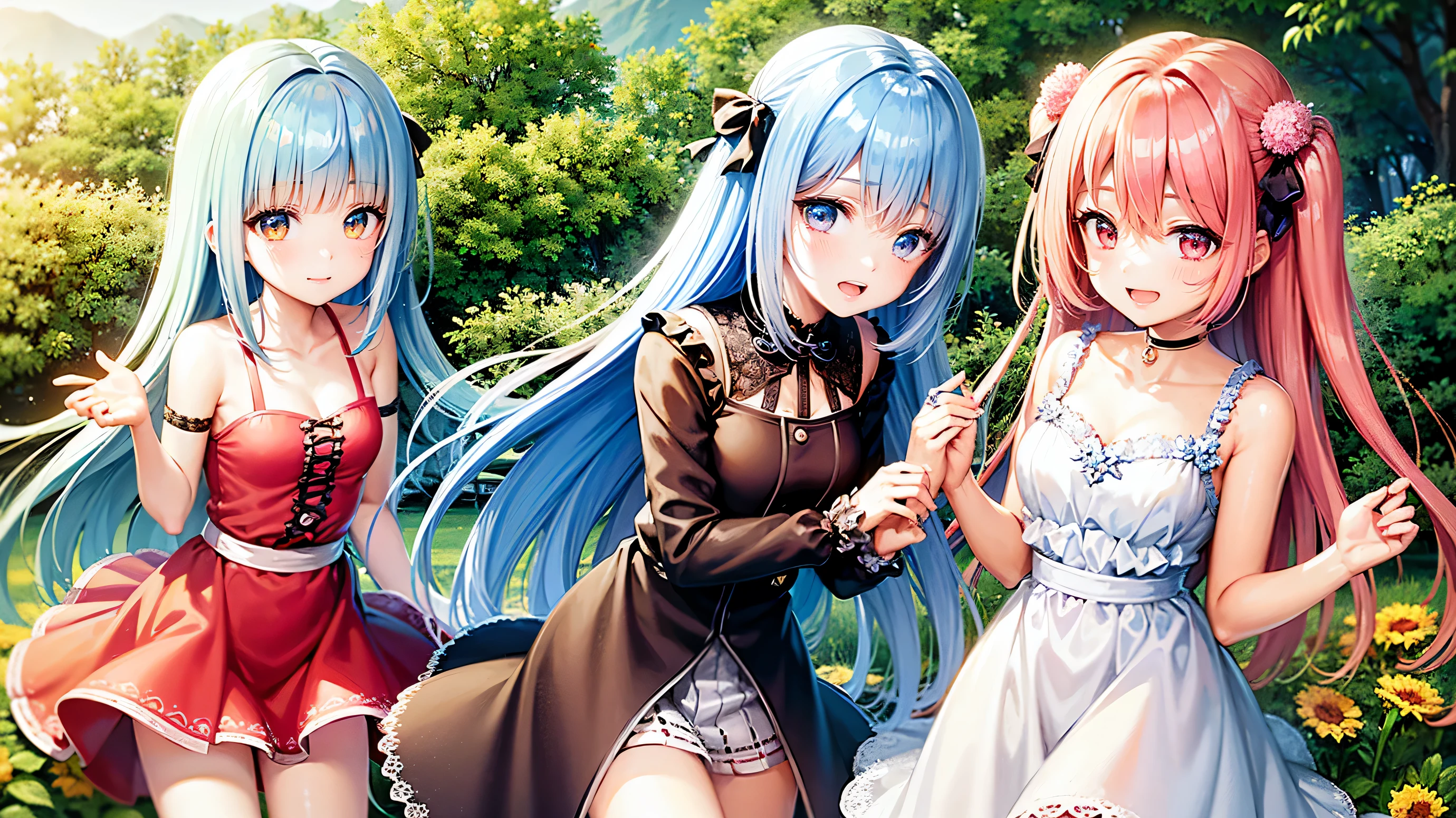 anime、Vibrant colors、Uplifting、3 beautiful girls、Bright clothes、Bright eyes、Sparkling eyes、Large Breasts、An innocent smile、A flower field、blue sky、rainbow、Petals are dancing、spring