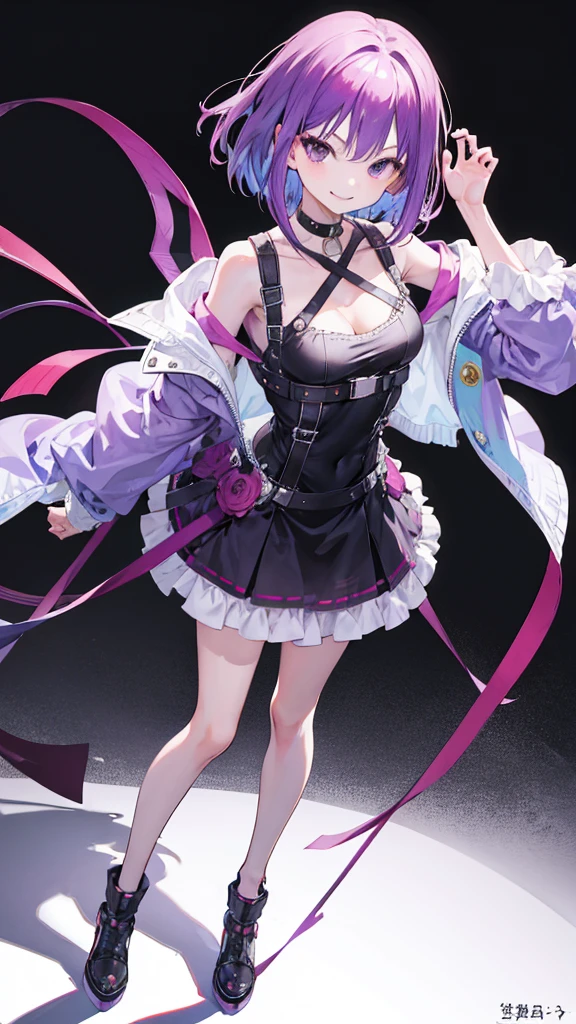 Girl with purple hair,medium bob hair,one piece,Harness,simple background,smile,whole body,full body,standing position,Standing picture,VTuber,front,How to look at the viewer,視線をfrontに,
