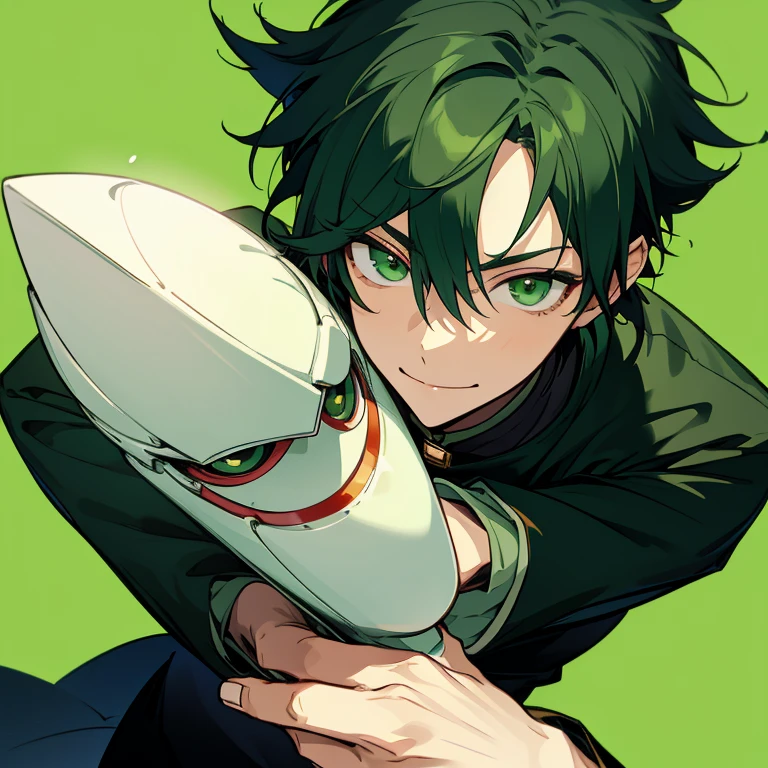 1 boy, green hair, green eyes, black green, calm face, handsome, smile, short hair, missy hair