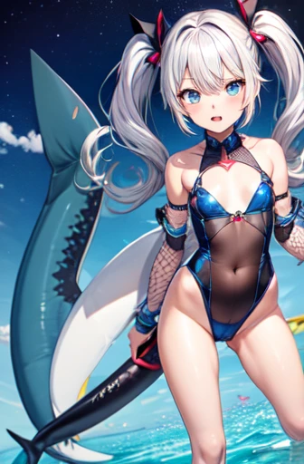 Garugura shark silver hair blue eyes jagged tooth girl cute half twin tail Sex small breasts blue mesh cross-eyed double piece