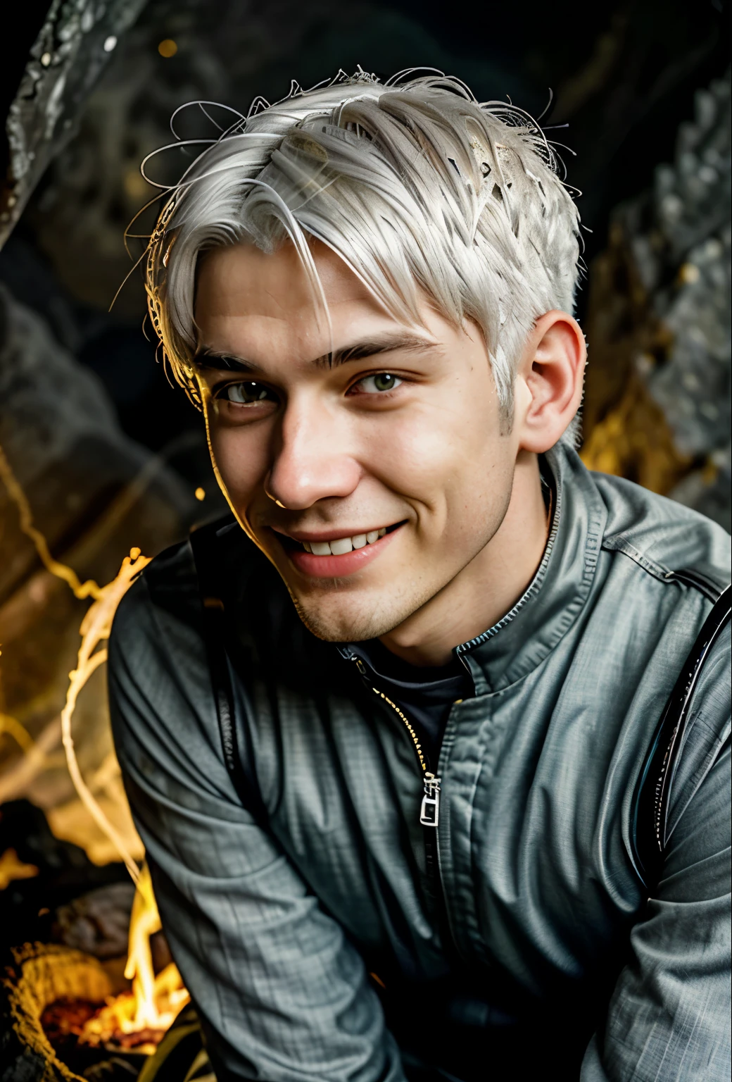 Photo of a guy with white hair and yellow eyes, High detail, Clarity, 8 cc, young guy, 18 years, light gray hair, short haircut, Yellow eyes, grin, fire crown, lava is everywhere, A huge cave, guy kneeling near the lake, realism, fantasy,