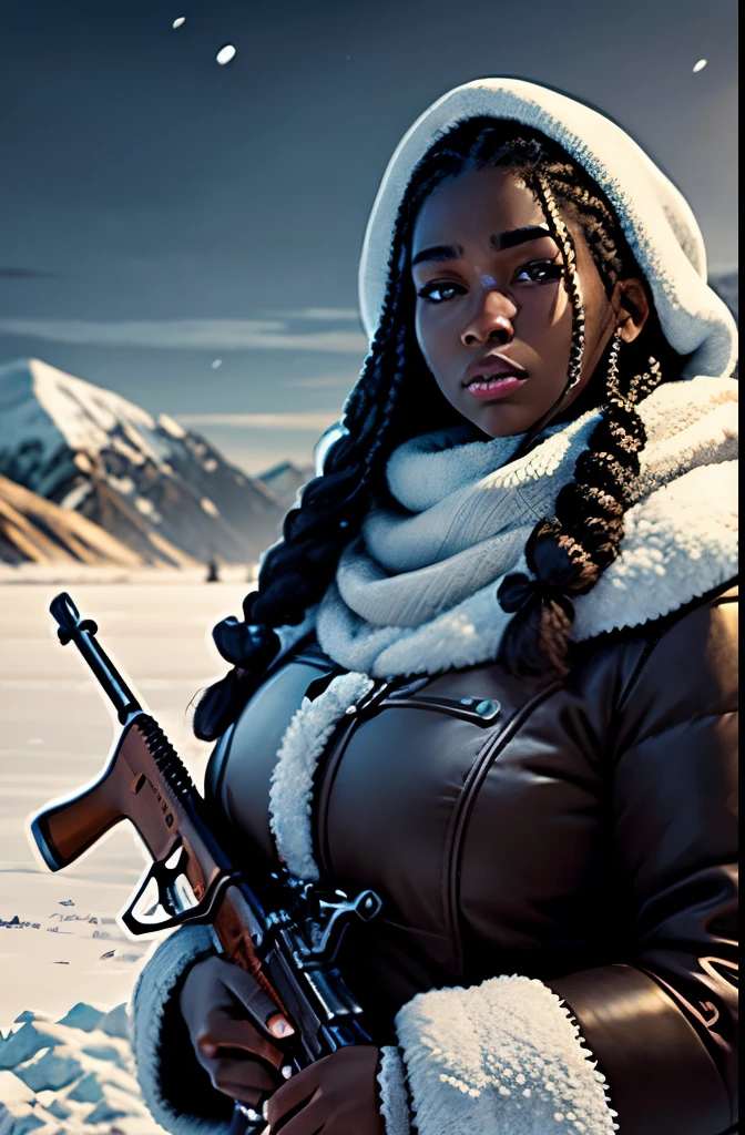 best quality,ultra-detailed,portrait, face looks like Joaquina Kalukango, holding rifle, big woman, 3001bs, strong thighs, woolly braided hair, very dark skin, beautiful detailed blue eyes, beautiful detailed lips, detailed long woolly braided hair, winter coat, cold icy atmosphere, blood in the snow, frosty landscape, dark winter night, snowy ground, distant mountains, snow-covered trees, steely expression, sharp focus on the rifle, metallic texture,crisp, high contrast, cool color tones,dramatic lighting