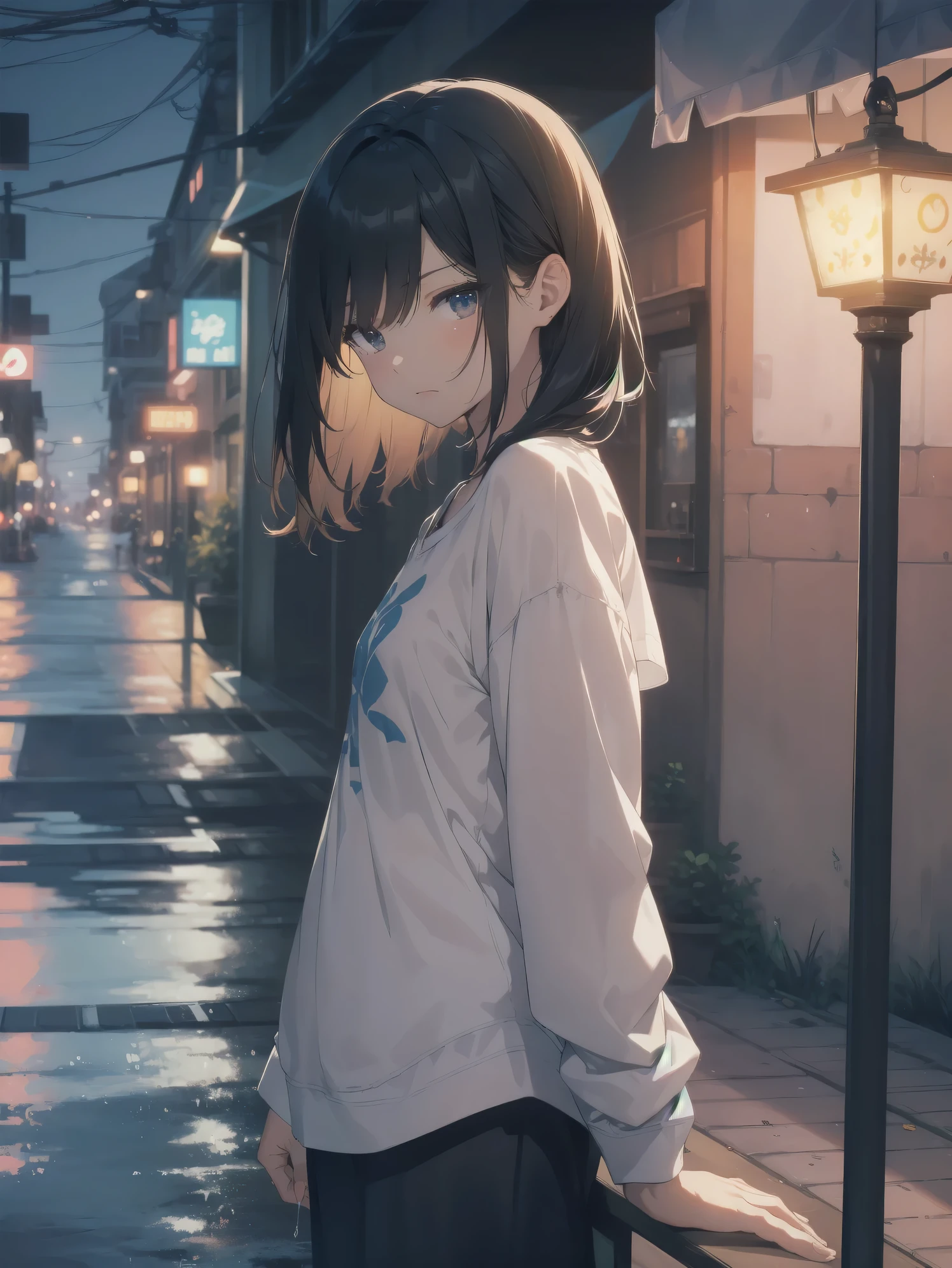 ultra-absurdres-Top quality by artist God, ultra-detailed, high resolution, anime moe artstyle, best anime 8k konachan wallpaper, pixiv contest winner, perfect anatomy,break, 1girl, (Please draw a picture of a girl sitting in the rain. )break,(Solo,little female, -yeld:1.Full limbs, complete fingers, ((wet)), Attractiveness of immature bodies, (very short hair), short cut, flat chest, , small butt, small black eyes, beautiful detailed eyes, well-proportioned iris and pupils, expressive eyes, highres detailed hair, annoyed expression, tank top, bare arms, bare shoulder, short shorts, sit, (Detailed Lighting), (Detailed background), rainy night, under a street lamp, On the bench. break,super detailed skin, Best cinematic lighting powered by famous artist, 8k,beauty illustration,photoshop_(medium),very aesthetic,break,((artist:fuijyama )), artist:akinashi yuu ,artist:oyari ashito ,artist:kantoku ,