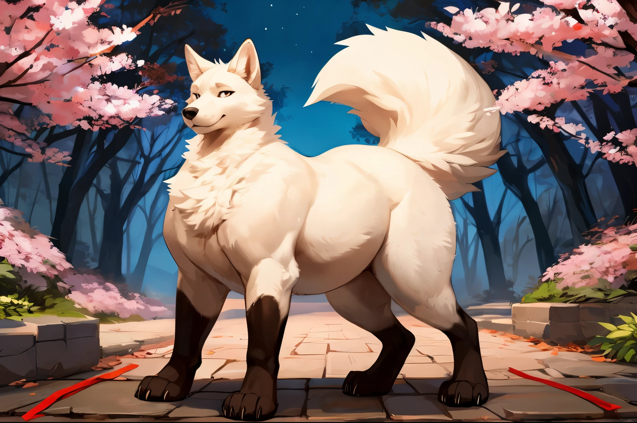4k ultra quality, 4k full body view,(ultra high detailed body),huge fox, detailed body,by mystikfox61, by glitter trap boy,feral paws, by bebebebebe,by morethreedee, by seibear,(thick thigh),(chubby thigh),thicc thigh,thick legs,chubby legs,thicc legs,massive butt,enomorous thigh,massive thigh,massive legs,thick lower legs,wide legs,(detailed thigh),(wide thigh),fluffy belly sharp nails,((sfw)),(ultra detailed face),detailed eyes,big tail,fluffy tail,(detailed tail),enomorous tail,bigger tail,huge tail,volumetric light,muscle legs,big paws,(thick paws),fluffy paws,furry paws,enomorous paws,(animal focus), beast,standing,(bigger lower body),strong lower body,(long legs),front view,master works, super fine, 4k resolution, high quality,high picture detail,dark fantasy,illusory engine, Masterpiece,dire fox,feral belly,muscular feral,faint lighting,white fur,red ropes,sakura,shrine,cute face