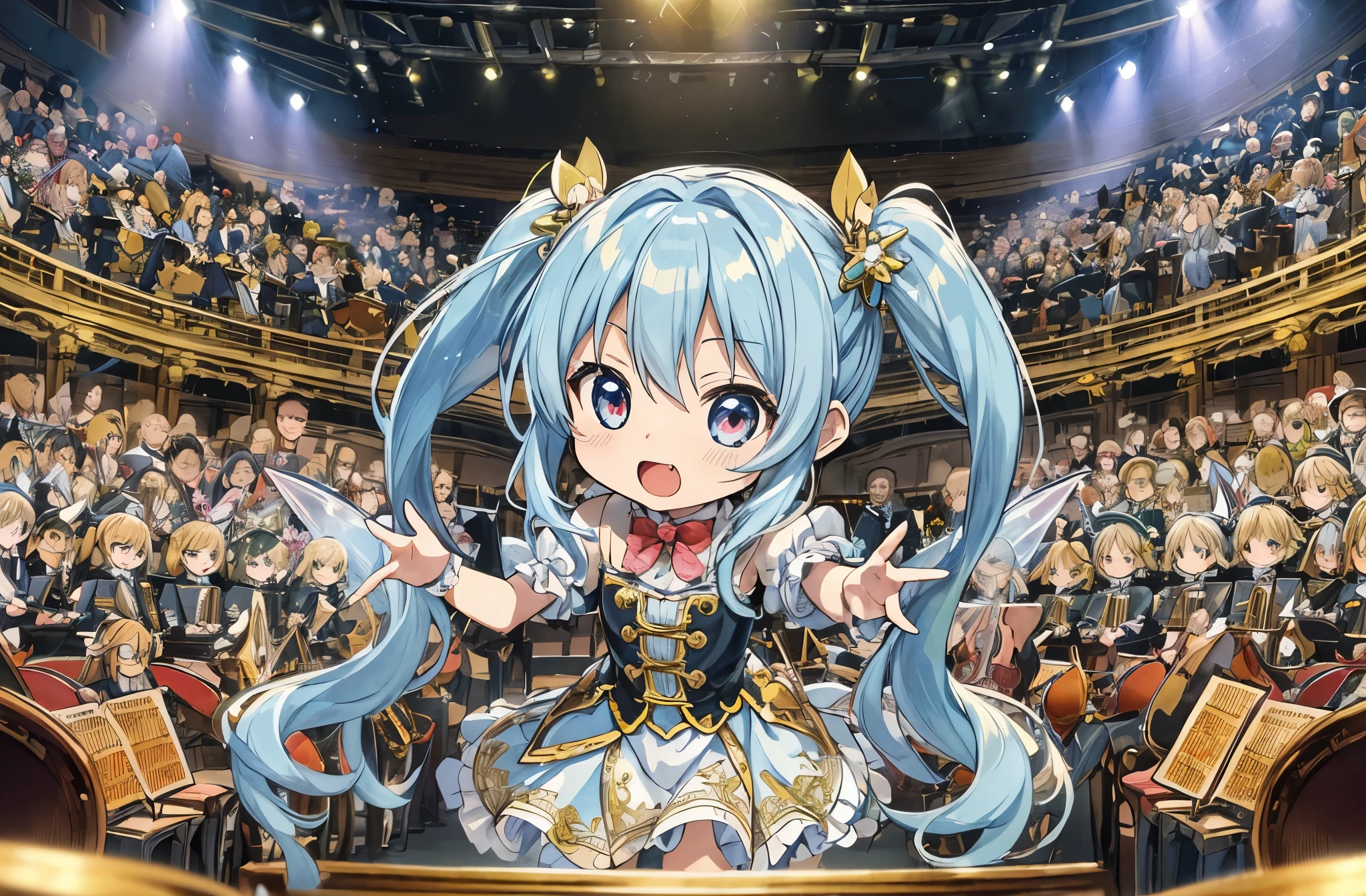 High quality super detailed fantasy chibi illustration, Wife Fairy Chibi Character Orchestra、light blue long hair、twin tails、, Complete orchestration of brass, strings, and timpani, play modern symphony, Theater Concert Best Performance Climax Grand Finale