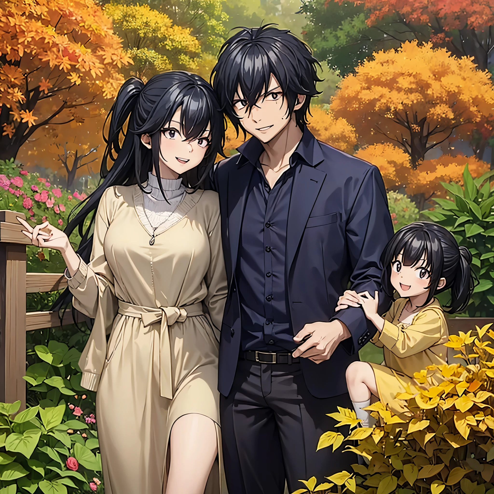 A man together with his wife and daughter (small daughter like his wife) in autumn themed casual clothes, smiling, detailed eyes, detailed face, in an autumn themed garden.
