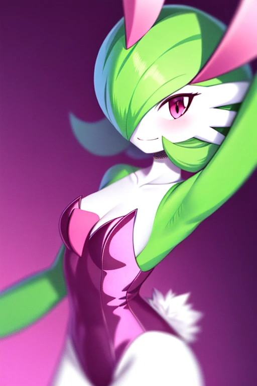 SeaArt, best_quality, 1 girl, solo, gardevoir, creatures \(company\), freak game, Nintendo, pokemon, pokemon \(game\), bangs, colored skin, female focus, Pokemon Gen 3, green hair, green skin, hair over one eye, multicolored skin, pokemon \(creature\), red eyes, short hair, two-color skin, white skin, playboy bunny, pink leotard, smile.