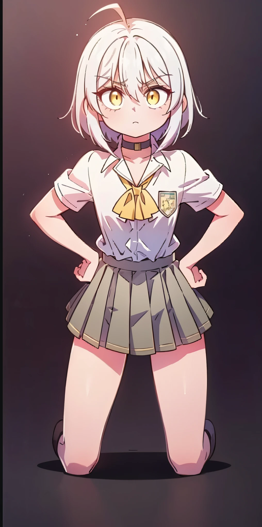 ((black background)) Ciel Lionheart kneel on WHITE sheet, short bob hair WHITE hair, YELLOW EYES, kindergarten_uniform,yellow hat,red school bag, leather choker collar slave , (hands on hips, clenching fist 👊 ✊️)