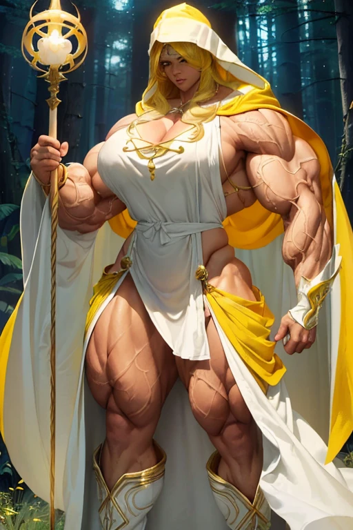 ((((Massive, tall, beautiful, buff, muscular brown skinned woman mage with yellow hair, ginormous bulky muscles, holding a yellow mage staff and wearing a beautiful hooded white enchanted robe with long long skirt)))), (close-up view), vascular, massive muscle, massive biceps, hyper muscle shoulders, hyper muscle triceps, (flowing long hair), gray eyes, (wearing a long extremely intricate robes, long magical robes), (white mage boots), smirk, white gauntlets, (in a yellow Mystical forest), evening, Vascular arms, hyper vascular arm, hyper muscles arms, hyper muscle legs, massive arms.