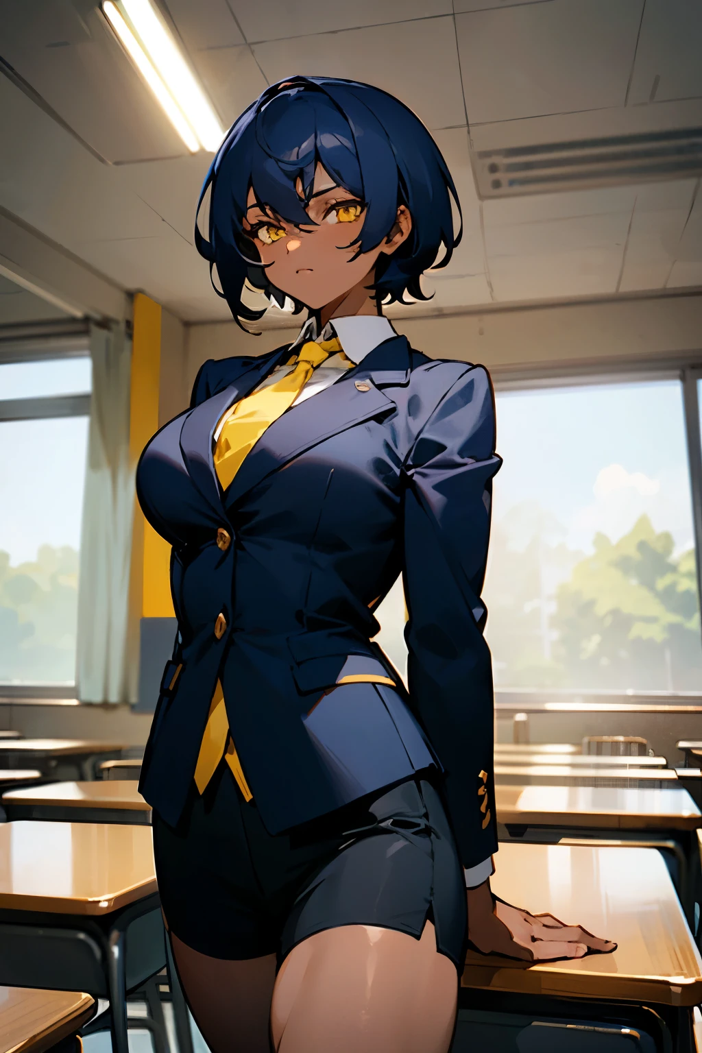 1 beautiful woman, dark skin, male dark blue hair, yellow eyes, school clothes, black blazer, black skirt, black shorts under the skirt, yellow tie, very large bust, wearing black short socks, inside the classroom, appearance tomboy, muscular body, high definition