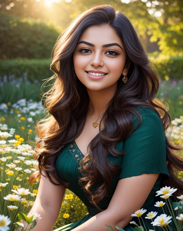 (masterpiece portrait photography:1.4) of a alluring ravishing curvy Nazriya Nazim, posing in a garden , wearing beautiful, wearing stra, ornate royal garden, (long flowing wavy backlit hair:1.2), fair radiant skin, vivacious, lustful glance, exhilarated (captivating kohl lined eyes:1.1) , (seductive smile:1.3) soft dramatic lighting, falling petals and flowers bokeh, key lighting, backlit, light rays, highly detailed, trending on artstation, paint splashes, rich colour, wind all around, abstract portrait, by Ron hicks