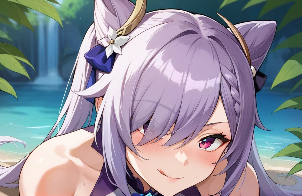 score_9, score_8_up, score_7_up, score_6_up, source_anime, BREAK by ikuchan kaoru, iku, clean color, flat color,1girl, genshin impact, keqing genshin impact, outdoors, in Forest, face focus, face closeup, face, face only, smug, shy, embarrassed, licking lips, ((seductive)), alluring, seduce, hair over one eye