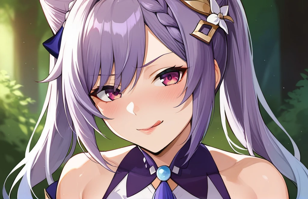 score_9, score_8_up, score_7_up, score_6_up, source_anime, BREAK by ikuchan kaoru, iku, clean color, flat color,1girl, genshin impact, keqing genshin impact, outdoors, in Forest, face focus, face closeup, face, face only, smug, shy, embarrassed, licking lips, ((seductive)), alluring, seduce, hair over one eye