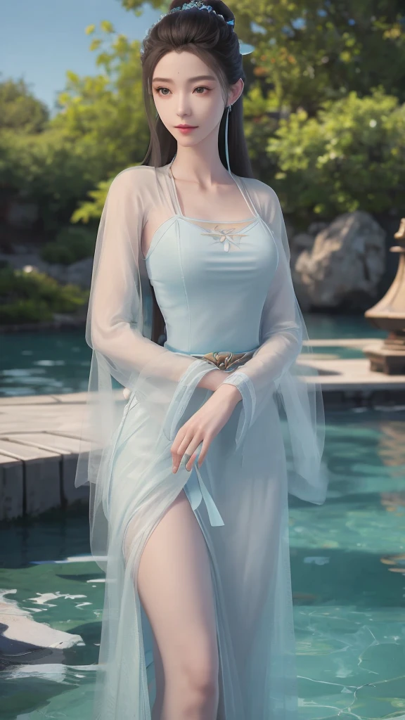 Arapei wearing a blue and white dress standing in the water, Anime girl walking on water, Close-up fantasy of water magic, Azure Lane style, Popular topics on cgstation, Anime Girls Cosplay, serafina ali kda, Splash art anime , cgstation trends, realistic water, water fairy, WLOP and Sakimichan beautiful breasts、huge breasts:1.4