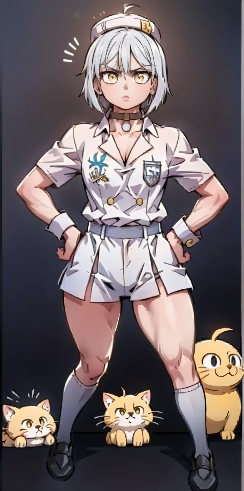 ((black background)) Ciel Lionheart kneel on WHITE sheet, short bob hair WHITE hair, YELLOW EYES, kindergarten_uniform,yellow hat,red school bag, leather choker collar slave , (hands on hips, clenching fist 👊 ✊️)