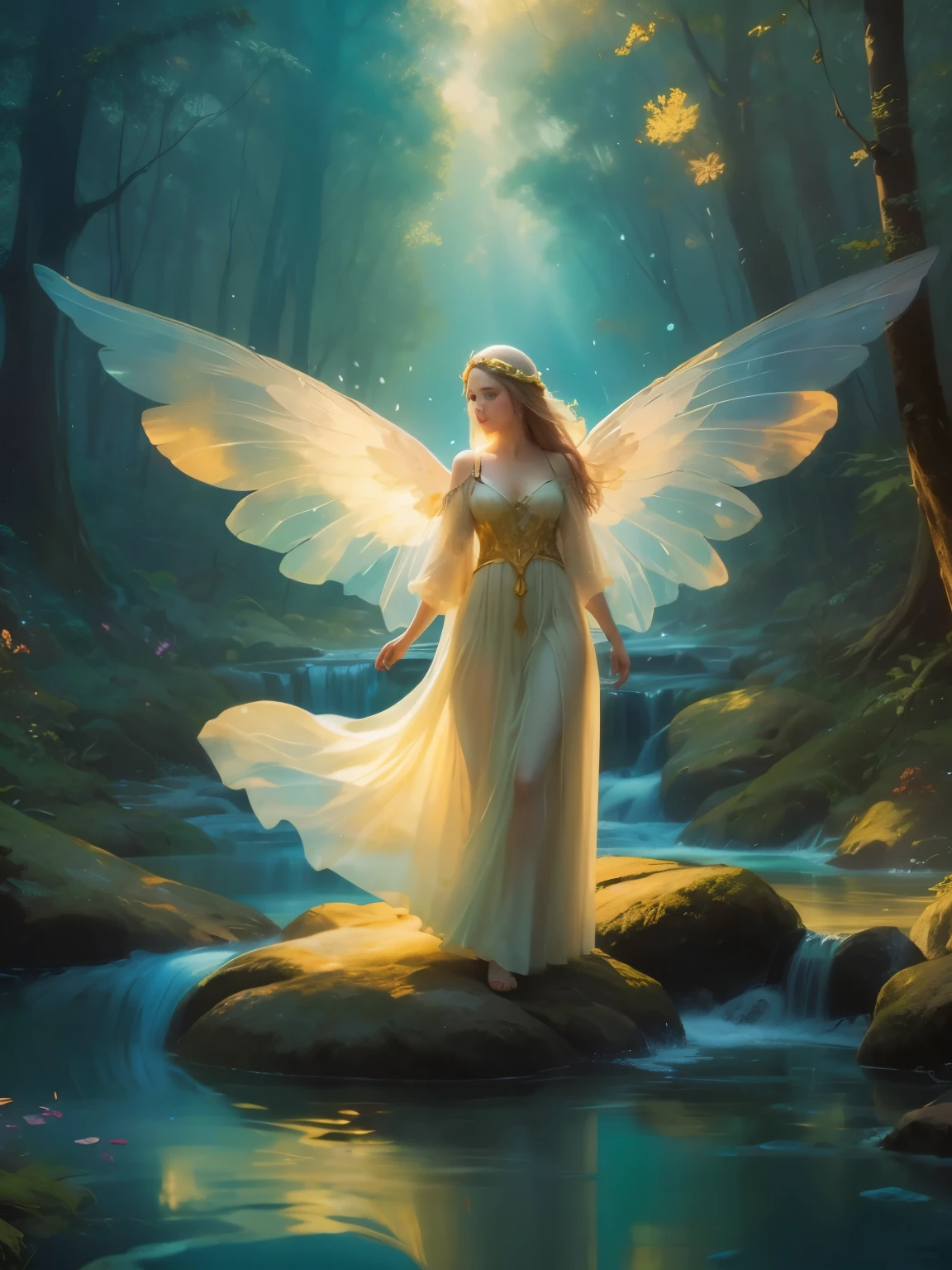 "((Enchanting)) forest scene, ethereal girl with ((translucent wings)), bubbling creek, magical, surreal, golden hour, ((dreamlike)) atmosphere, vibrant colors, fantasy painting", priestess, nodf_lora, More Detail