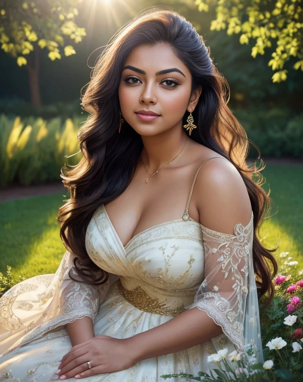 (masterpiece portrait photography:1.4) of a alluring ravishing curvy Nazriya Nazim, posing in a garden , wearing beautiful, nothing wearing , nude photo, ornate royal garden, (long flowing wavy backlit hair:1.2), fair radiant skin, vivacious, lustful glance, exhilarated (captivating kohl lined eyes:1.1) , (seductive smile:1.3) soft dramatic lighting, falling petals and flowers bokeh, key lighting, backlit, light rays, highly detailed, trending on artstation, paint splashes, rich colour, wind all around, abstract portrait, by Ron hicks