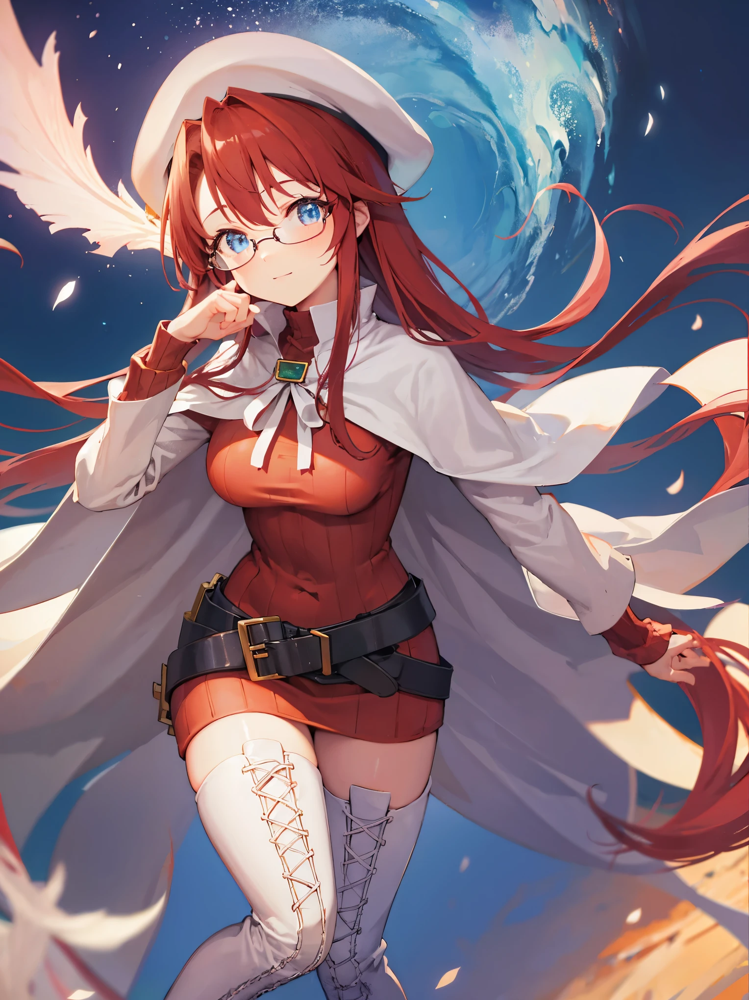 summonnightaty, aty, long hair, blue eyes, red hair, beret, hat, glasses,
BREAK long hair, thighhighs, hat, dress, boots, glasses, belt, cape, sweater, zettai ryouiki, beret, thigh boots, white footwear, ribbed sweater, loose belt,solo,
BREAK outdoors, fantasy_town,
BREAK (masterpiece:1.2), best quality, high resolution, unity 8k wallpaper, (illustration:0.8), (beautiful detailed eyes:1.6), extremely detailed face, perfect lighting, extremely detailed CG, (perfect hands, perfect anatomy),covered_nipples,covered_navel,light_smile ,(half_eyes:1.4),sword,armpit,sleepy,dynamic_standing,barrel,red_sweater,apart_legs,magical_effect,