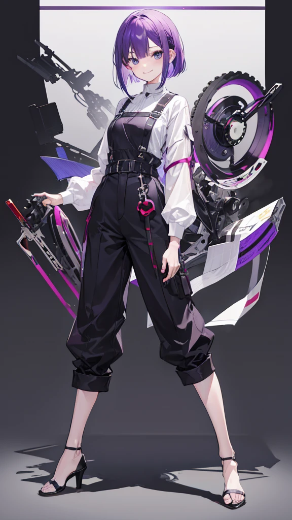 Girl with purple hair,medium bob hair,Harness,long trousers,Heel,simple background,smile,whole body,full body,standing position,Standing picture,VTuber,front,How to look at the viewer,視線をfrontに,