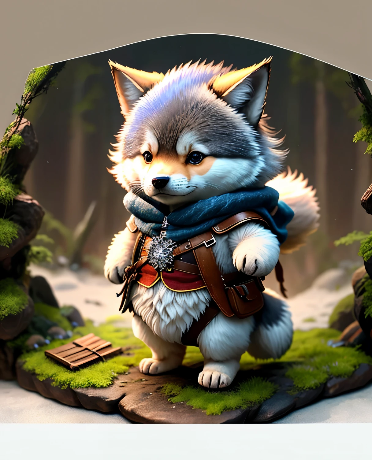 best image quality、"cute生き物たちの傑作を作成しましょう. One、Wolf、（The place is a forest）, high detail, In 8K、best image quality、dressed as an adventurer、With shuriken in hand、medieval adventurer costume、(((cute)))、