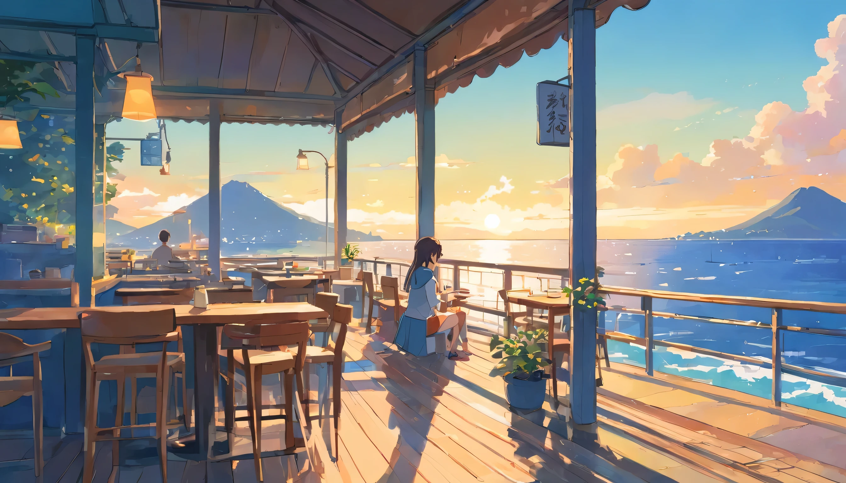 European girl with medium long hair、Drinking coffee on the terrace of a cafe while looking out at the nearby sea.one cup, Rear view of a person leaning on his elbows and looking at the sea,dream, please wear headphones, analog color theme, lo-fi hip hop , retrospective, flat, 2.5D ,Draw a line, ink painting, Osaka road, watercolor painting, gouache color, studio ghibli style, very colorful, outerton, Krautlock, Lofiato,old texture, amplitude,Psychedelic atmosphere, masterpiece, Technology of Wonders,Darken the room,Beautiful early morning seaside