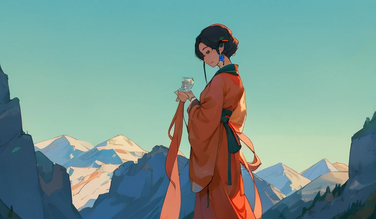 Clouds on the top of the mountain,Dunhuang,dunhuangbihua,yue,hair ornament,hanfu,vectorillustration. The clouds are very slender, rolled clouds wrapped into curves, curved clouds, Divine Deer_Cervus eldii, red background, orange background,
