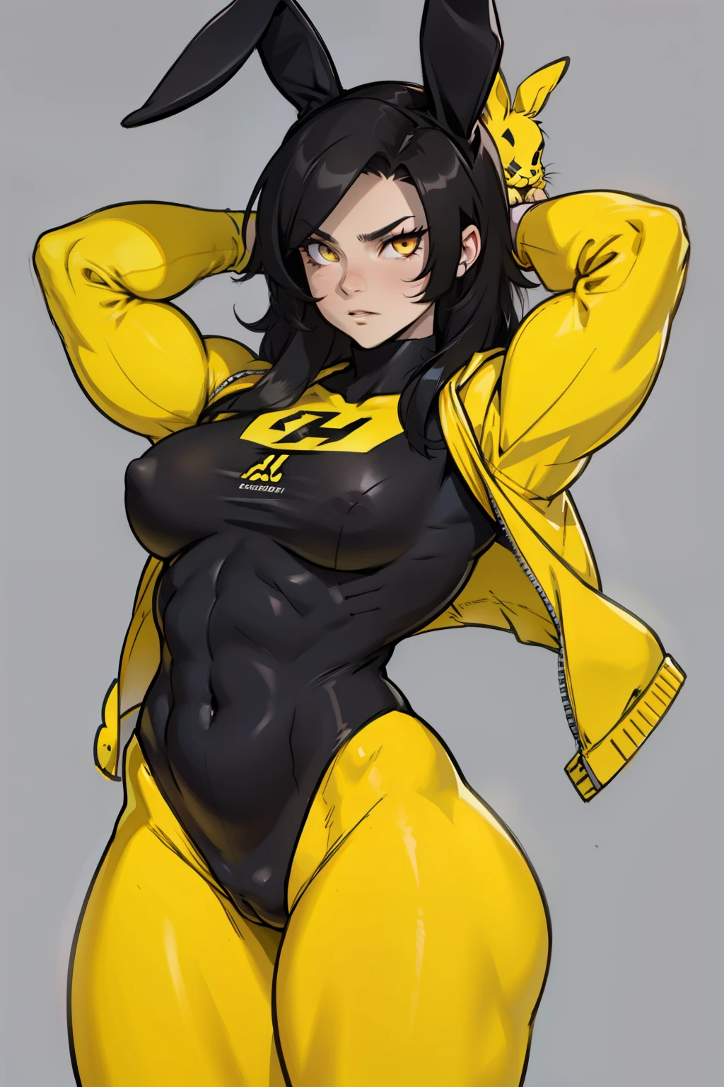 swole girl black hair yellow eyes pale bunny costume