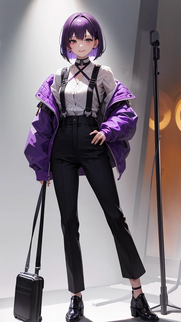 Girl with purple hair,medium bob hair,Harness,long trousers,Heel,simple background,smile,whole body,full body,standing position,Standing picture,VTuber,front,How to look at the viewer,視線をfrontに,