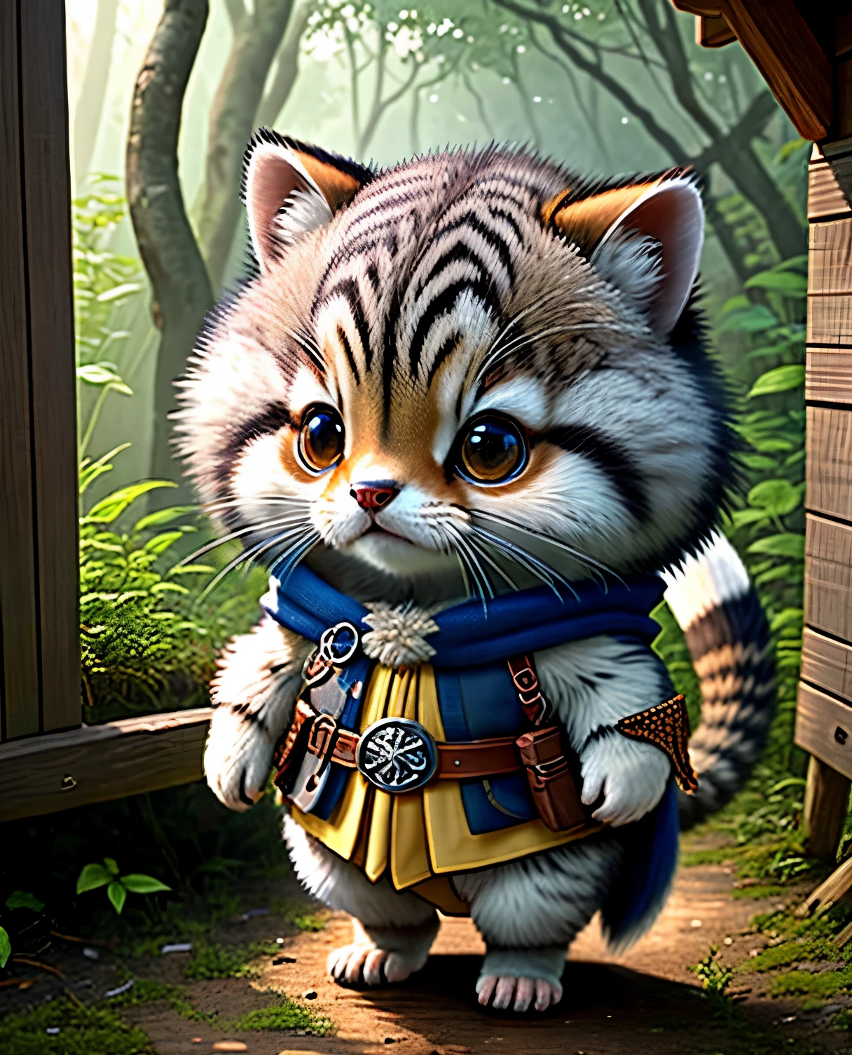 best image quality、"cute生き物たちの傑作を作成しましょう. One、civet、（The place is a forest）, high detail, In 8K、best image quality、dressed as an adventurer、With shuriken in hand、medieval adventurer costume、(((cute)))、