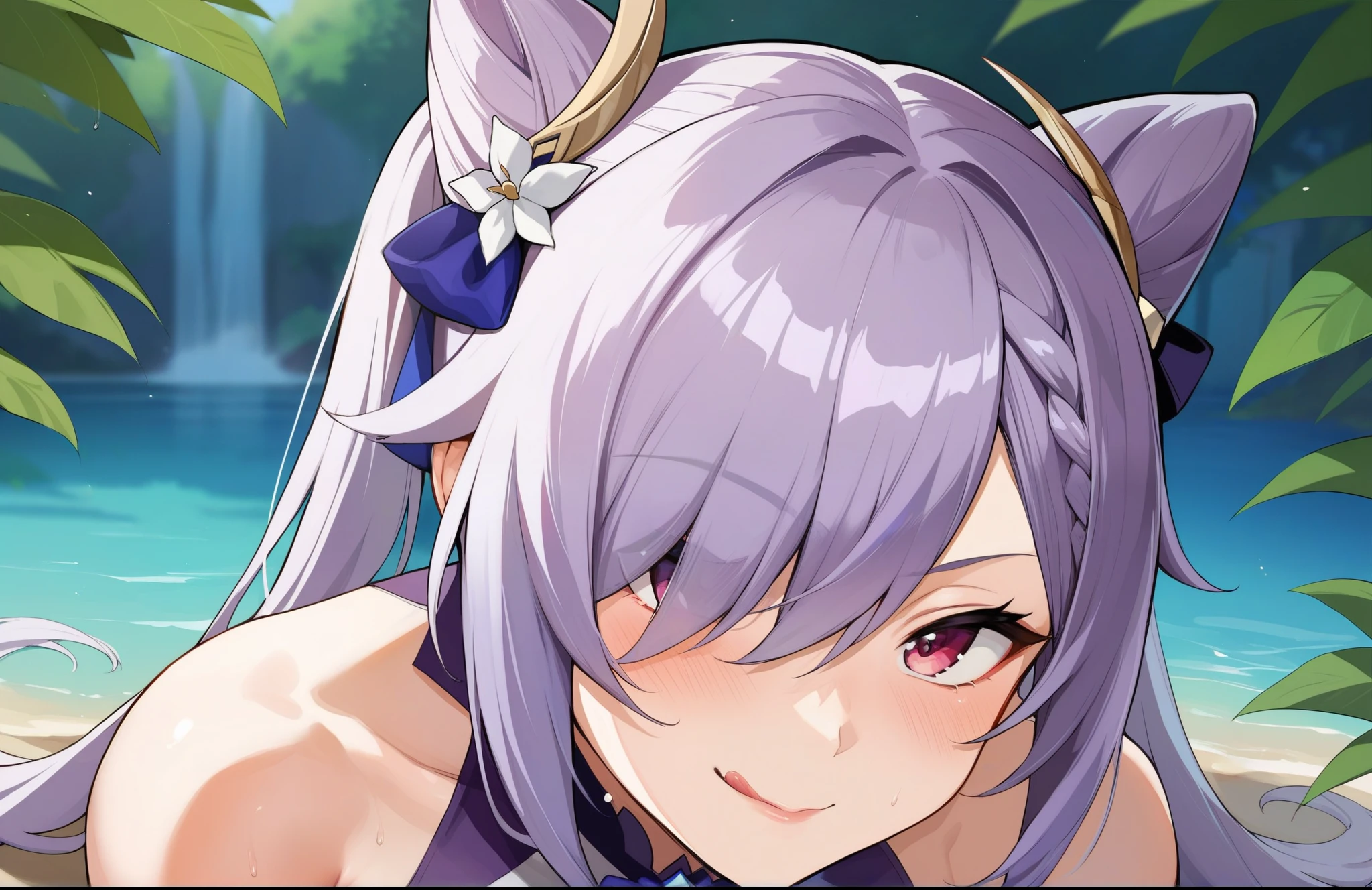 score_9, score_8_up, score_7_up, score_6_up, source_anime, BREAK by ikuchan kaoru, iku, clean color, flat color,1girl, genshin impact, keqing genshin impact, outdoors, in Forest, face focus, face closeup, face, face only, smug, shy, embarrassed, licking lips, ((seductive)), alluring, seduce, hair over one eye