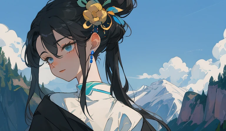 Clouds on the top of the mountain,Dunhuang,dunhuangbihua,yue,hair ornament,hanfu,vectorillustration. The clouds are very slender, rolled clouds wrapped into curves, curved clouds, Divine Deer_Cervus eldii, red background, orange background,