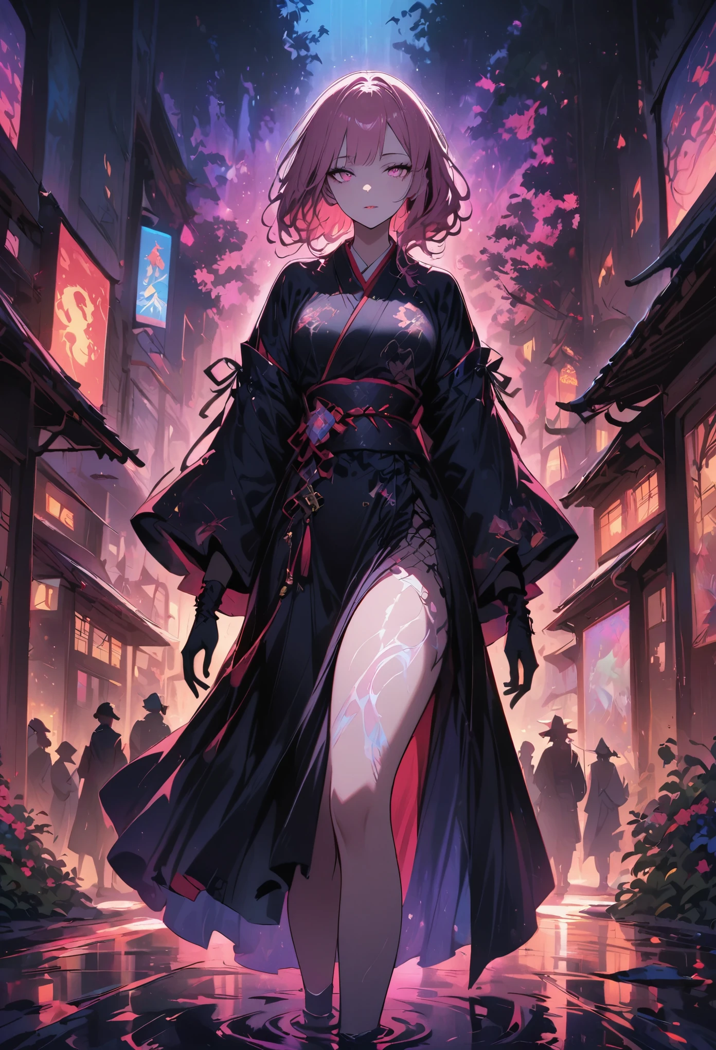 surreal, Very detailed, and a high resolution 16k image of a young man, Beautiful female ghost or guardian angel. She has light pink hair and translucent skin, Wearing a traditional Japanese kimono,There is a small cherry blossom pattern on the belt. The image captures the ethereal beauty and mystery of the world. Style inspired by sophistication, Soft aesthetics in traditional Japanese art.