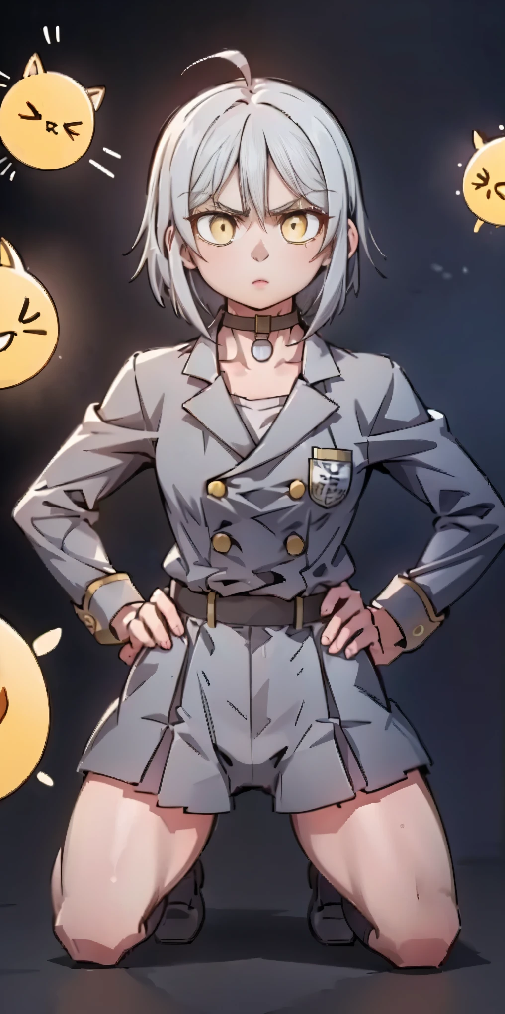 ((black background)) Ciel Lionheart kneel on WHITE sheet, short bob hair WHITE hair, YELLOW EYES, _uniform,yellow hat,red school bag, leather choker collar slave , (hands on hips, clenching fist 👊 ✊️)
