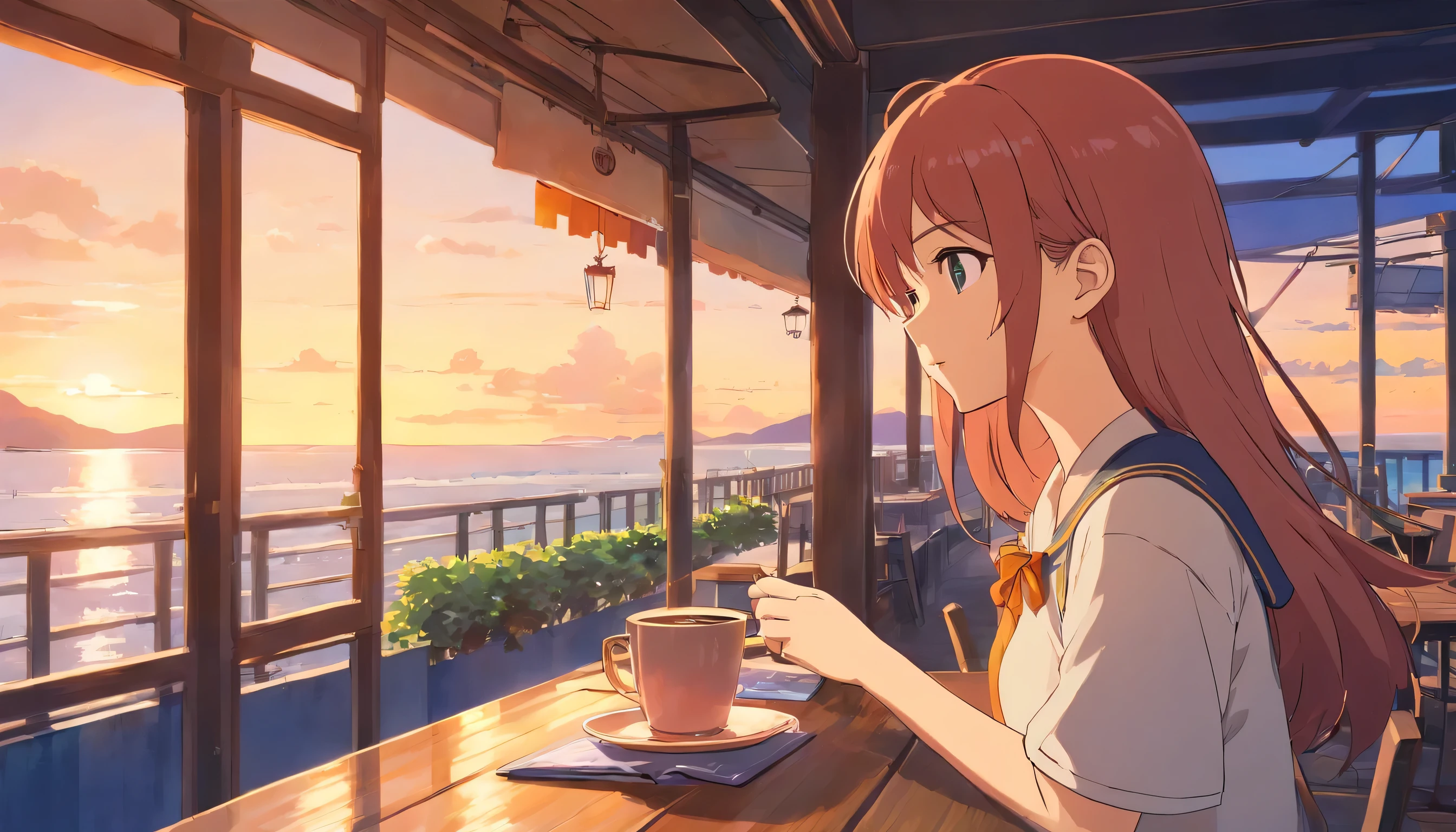 European girl with medium long hair、Enjoy a cup of coffee on the terrace of a cafe while looking out at the nearby sea.1 cup， Rear view of a person leaning on his elbows and looking at the sea，dream, please wear headphones, analog color theme, lo-fi hip hop , retrospective, flat, 2.5D ,Draw a line, ink painting, Osaka road, watercolor painting, gouache color, studio ghibli style, very colorful, outerton, Krautlock, Lofiato,old texture, amplitude,Psychedelic atmosphere, masterpiece, Technology of Wonders，Darken the room，Beautiful early morning seaside