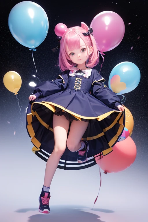 a  girl holdoing a lot of balloons, full body, stomp balloon,