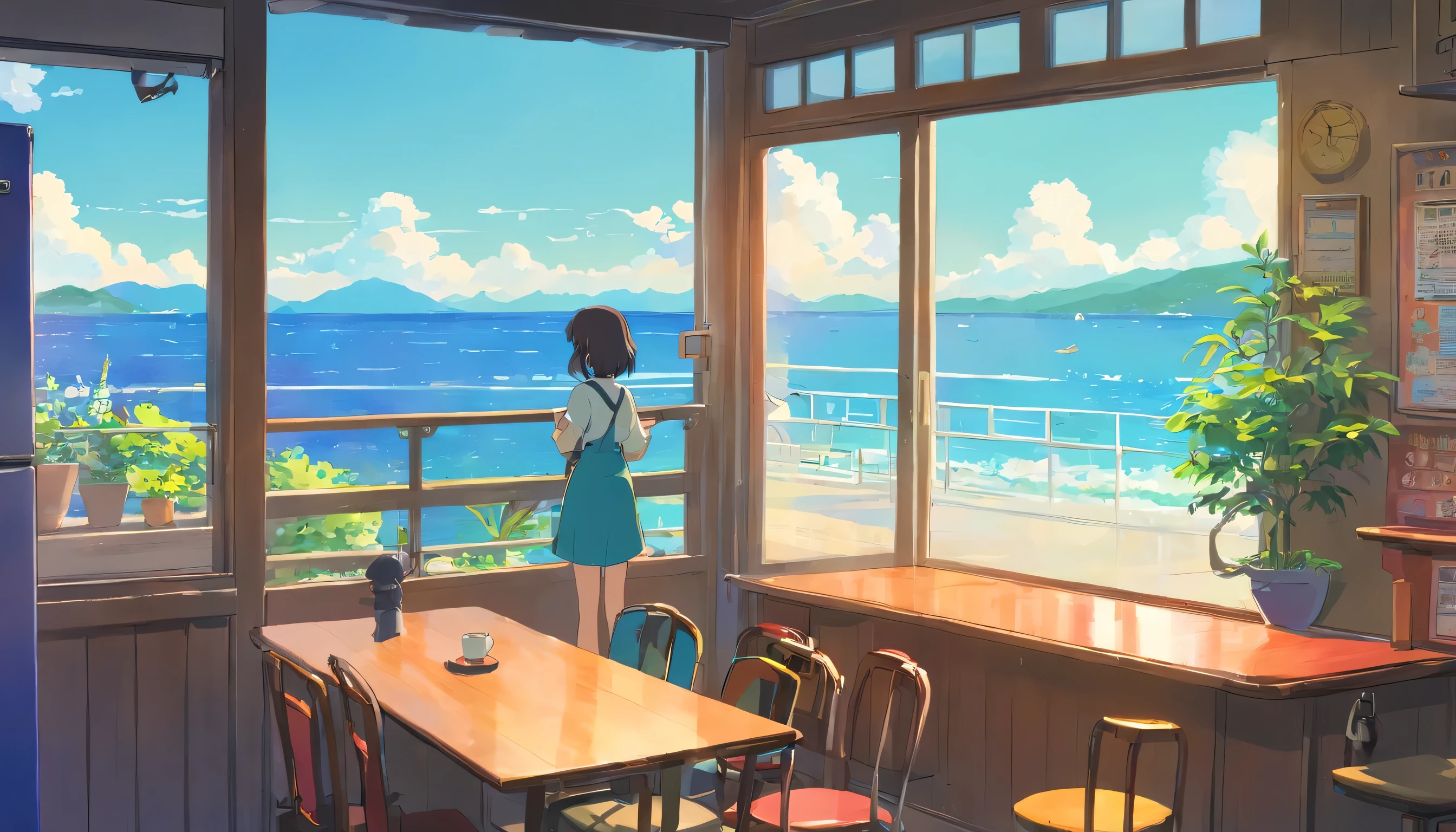 European girl with medium long hair、Enjoy a cup of coffee on the terrace of a cafe while looking out at the nearby sea.1 cup, Rear view of a person leaning on his elbows and looking at the sea,dream, please wear headphones, analog color theme, lo-fi hip hop , retrospective, flat, 2.5D ,Draw a line, ink painting, Osaka road, watercolor painting, gouache color, studio ghibli style, very colorful, outerton, Krautlock, Lofiato,old texture, amplitude,Psychedelic atmosphere, masterpiece, Technology of Wonders,Darken the room,Beautiful early morning seaside