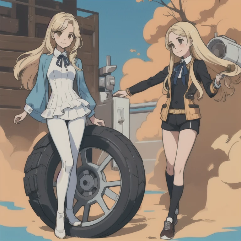 perfect anime illustration, masterpiece, age girl, medium breasts, multiple girls, millions of sisters, thousands of sisters, (((blonde girl, brown hai赤 girls))), sisters of the same age, rich sexy , brown hair, blonde hair, curly hair, long hair, different hair colors, hazel eyes, smile, white skin, (((From the neck down is a machine , Golden internal skeleton exposed, The legs look like々tires))), matching body, High resolution, full body, group of sisters