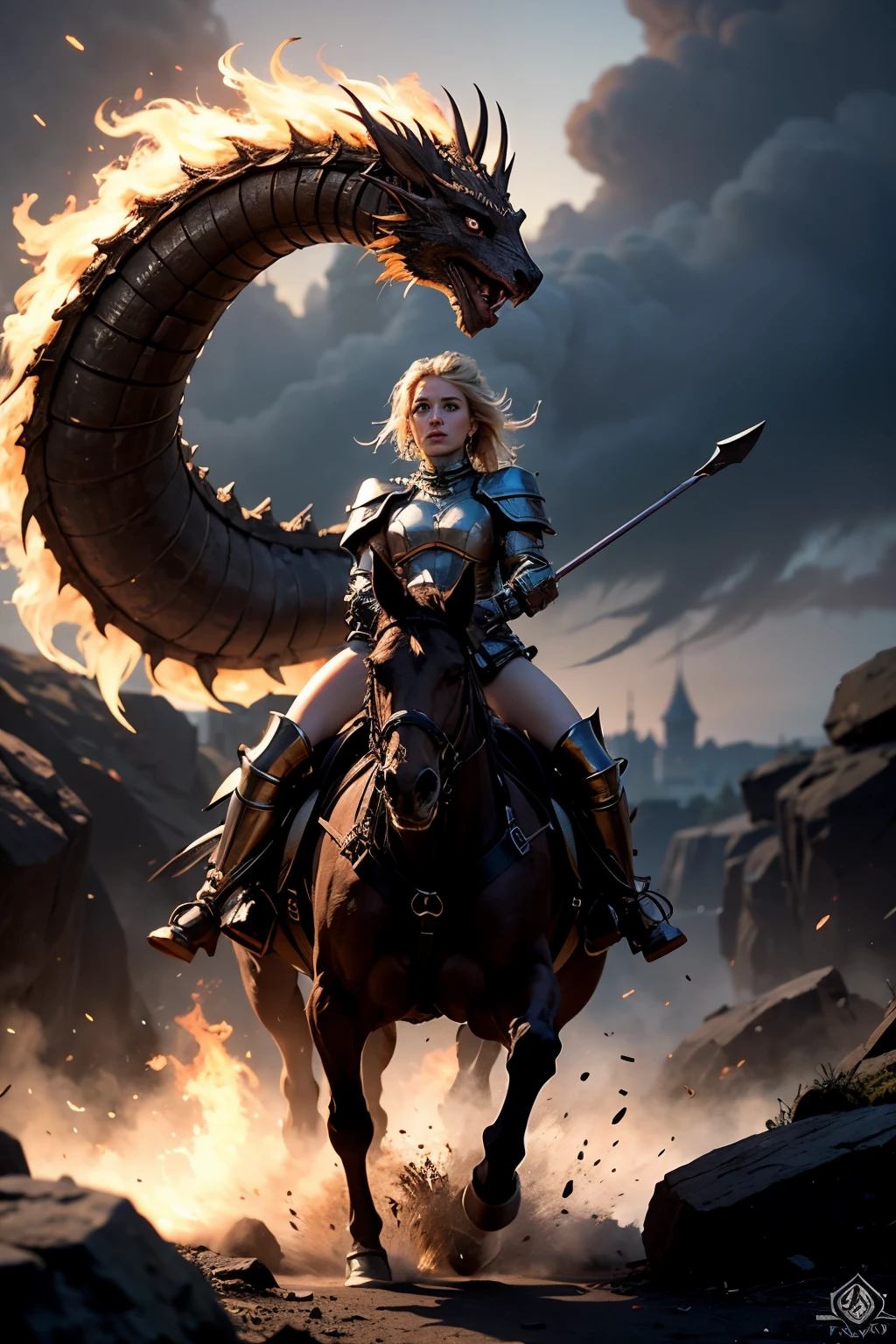  girl, full plate armor, sweaty hair, Ancient battlefields, big breasts, Countless swords stuck in the ground in the background, full body shot, The whole body is reflected, background blur, Countless sleeping people in the background, movie lighting effects, sweating, Burning castle in the background, countless flames in the background, sparkling eyes, blush, the horse is galloping, red lips, Damaged armor, tilt one&#39;s face, Wave one hand up, Contemptuous eyes, have a sword, brandish a sword, Several arrows pierce the body, profile, highly detailed face, Beautiful and well-proportioned face, beautiful white skin, , supermodel proportions, riding a horse, Dragon roaring in the background, staring at each other, Well-trained abs, Separate armor