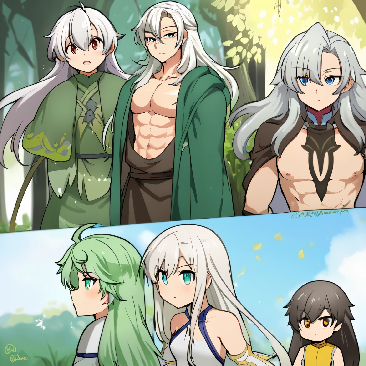 ((Mejor calidad)), ((obra maestra)), (detallado), cara perfecta ((anime)) ((fantasy))((fairy))((longhair))((fey))((wings))((malefairy)) Raza: Hada Edad: Approximately 23 years old Physical appearance: Joven hada alada de estilo twink, cabello largo y dorado, ojos grises. Su cuerpo es musculoso y elongado, with an androgynous appearance. He is taller than the average fairy. Se encuentra en un fondo de bosque encantado y viste ropa verde Tiene pelo largo y poca ropa verde. He is seen in connection with nature. He has a druid's robe that exposes his muscular chest and arms.. Su pelo es largo y es un fairy tiene alas